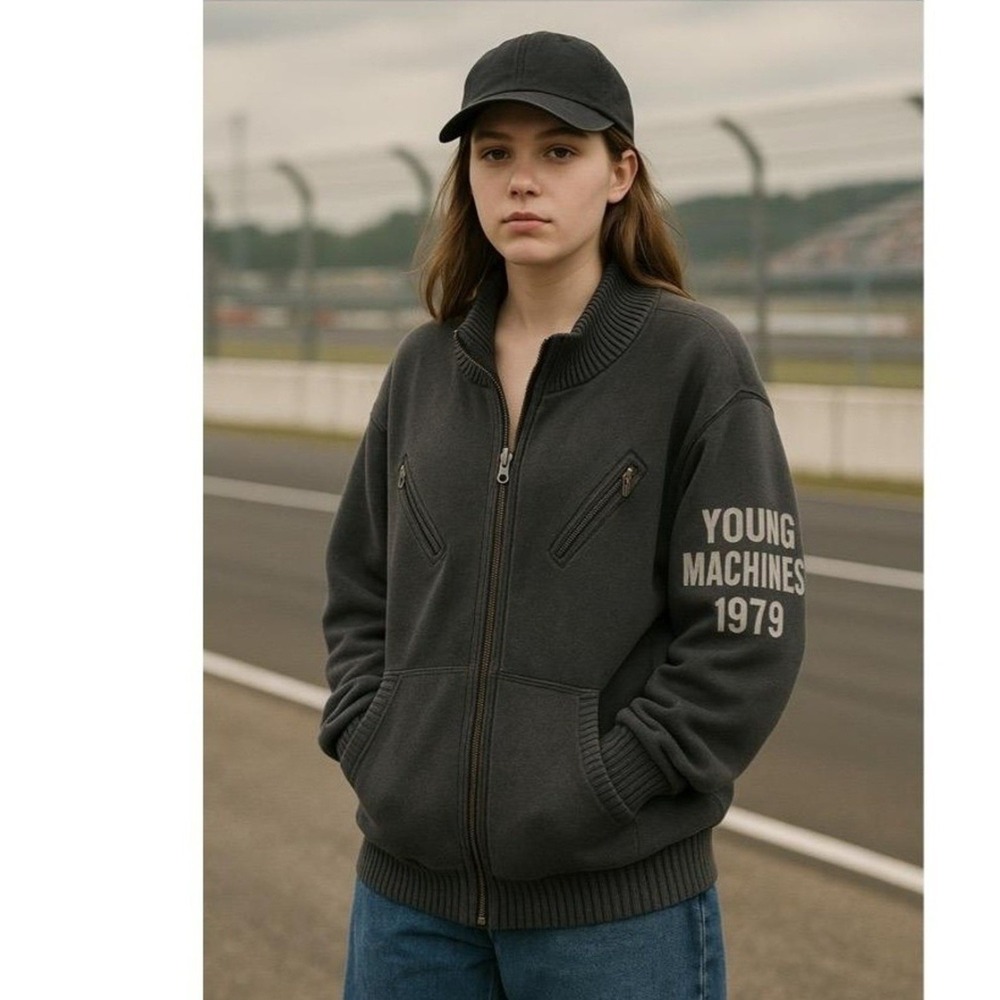 Young Machines Sweater Womans Large  1979 Dark Gray Black Zip‎ Front Pockets